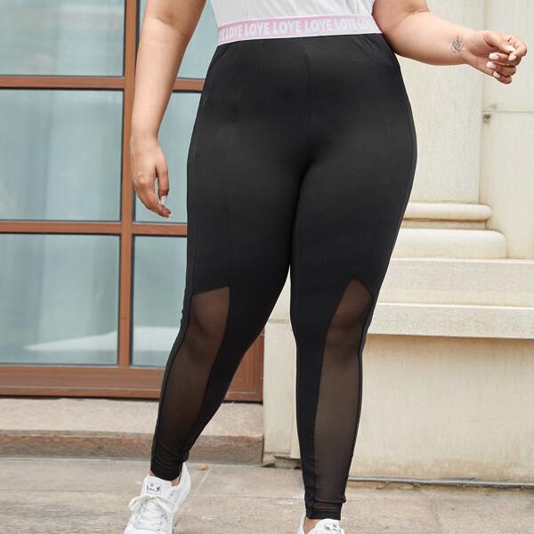 

Plus Letter Waistband Mesh Insert Leggings, Black