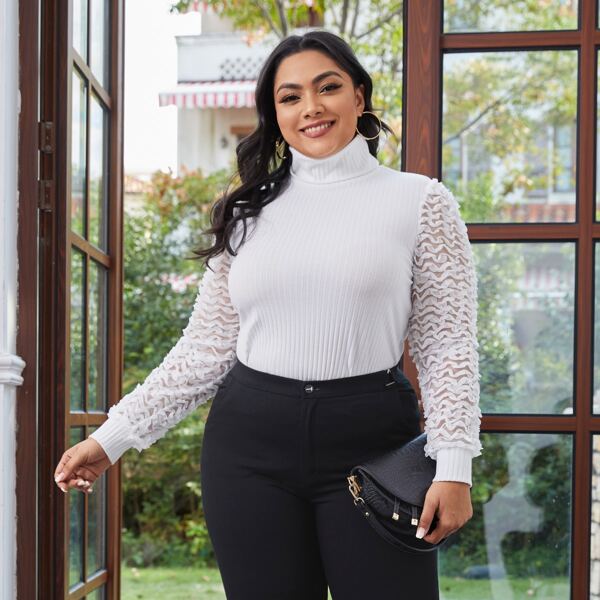 

Plus High Neck Appliques Mesh Sleeve Rib-knit Top, White