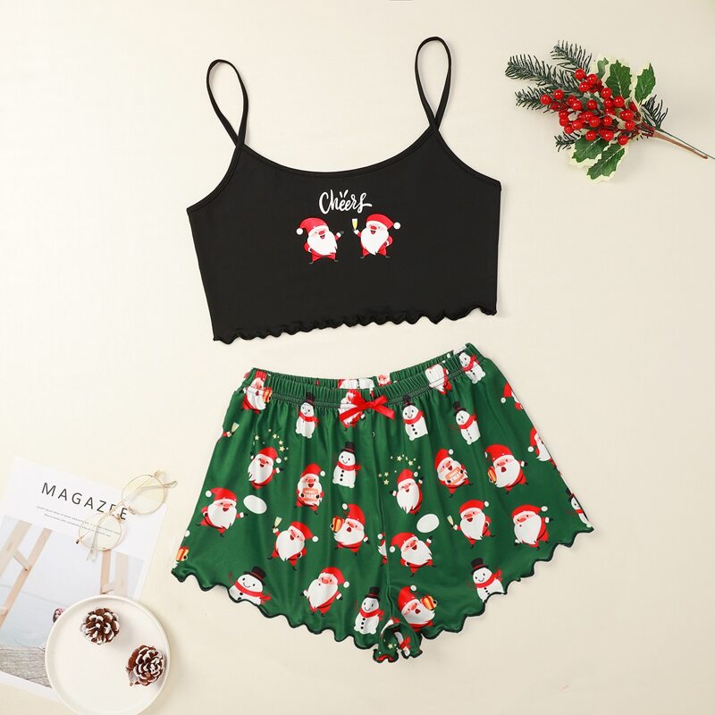 

Christmas Print Lettuce Trim Pj Set, Multicolor