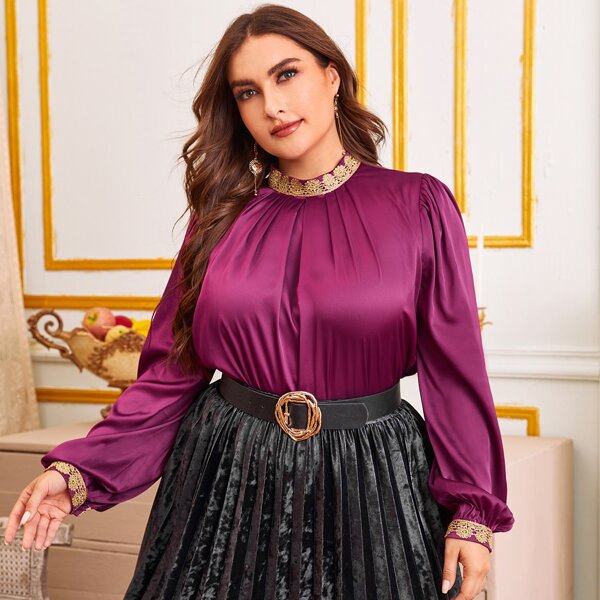 

Plus Lace Floral Neck Lantern Sleeve Satin Top, Purple