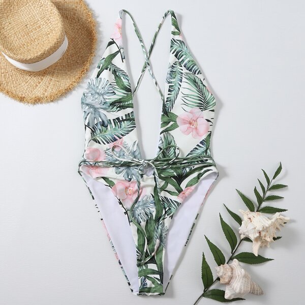 

Tropical & Floral Plunging One Piece Swimsuit, Multicolor