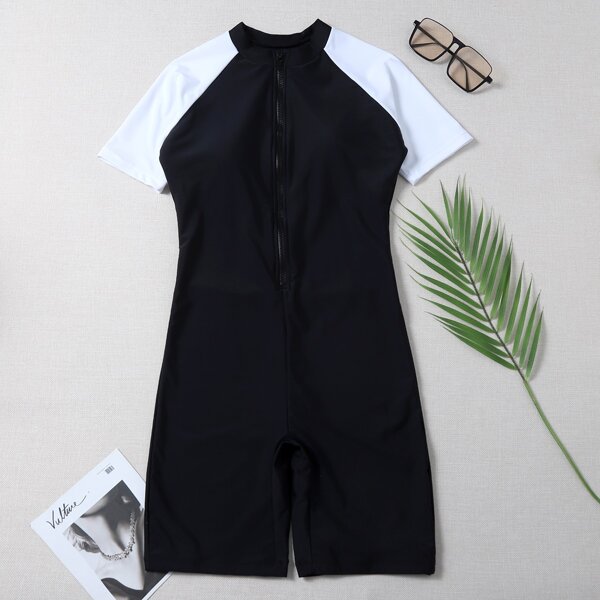 

Color Block Zip-up One Piece Swimsuit, Black and white