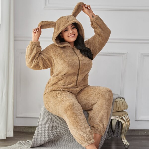 

Plus Zipper Front 3D Ears Design Teddy Sleep Jumpsuit, Khaki