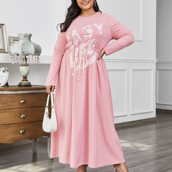 

Plus Drawstring Waist Letter Graphic Dress, Pastel baby pink