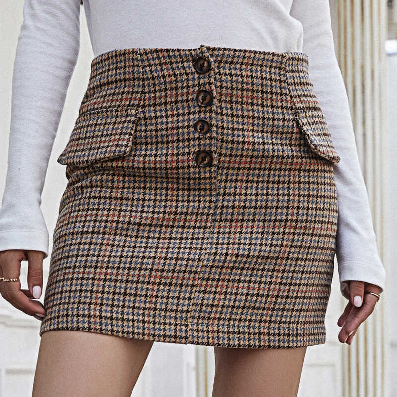 

Plaid Button Front Tweed Mini Skirt, Multicolor