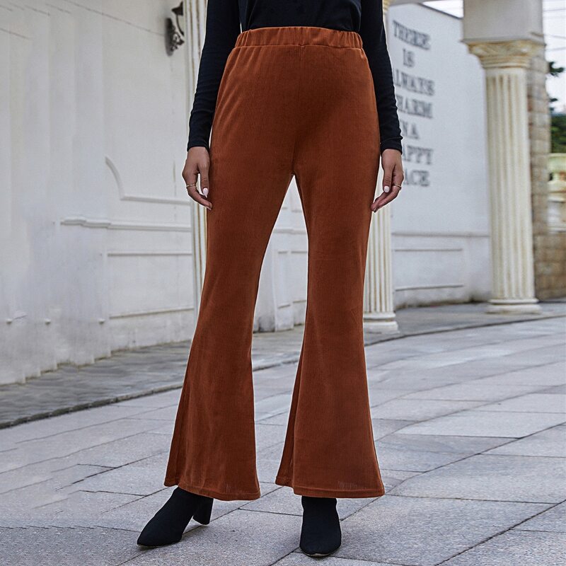 

Solid Corduroy Flare Leg Pants, Rust brown