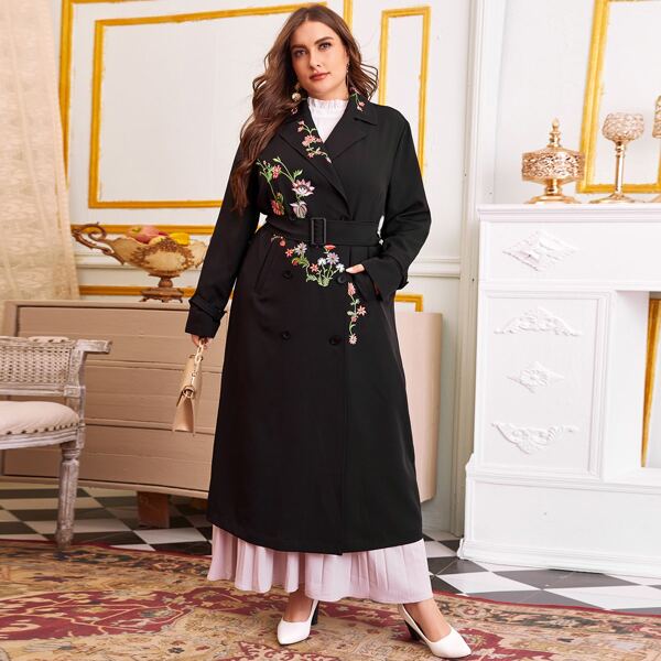 

Plus Double Breasted Strap Cuff Floral Embroidered Belted Coat, Black
