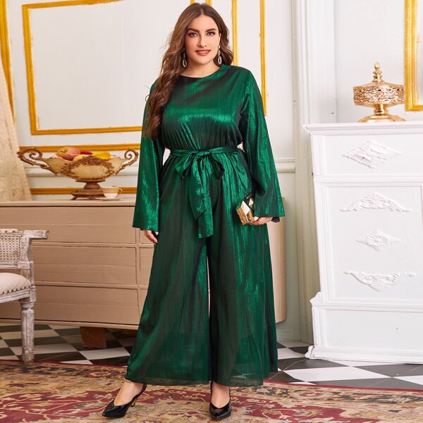 

Plus Self Belted Silky Palazzo Jumpsuit, Green