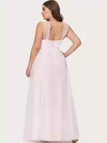 大碼交叉領腰帶網紗舞會洋裝 - 淺粉色 - 查看 2