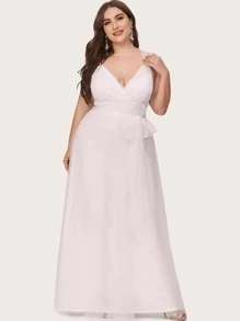 大碼交叉領腰帶網紗舞會洋裝 - 淺粉色 - 查看 4