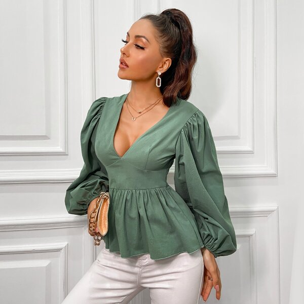 

Lantern Sleeve Peplum Top, Green