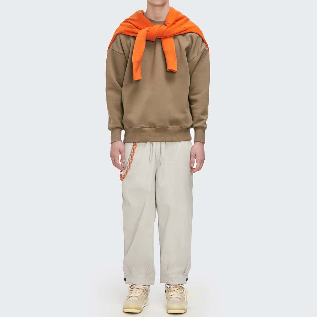 

Guys Tie Waist Solid Sweatpants Without Chain, Beige