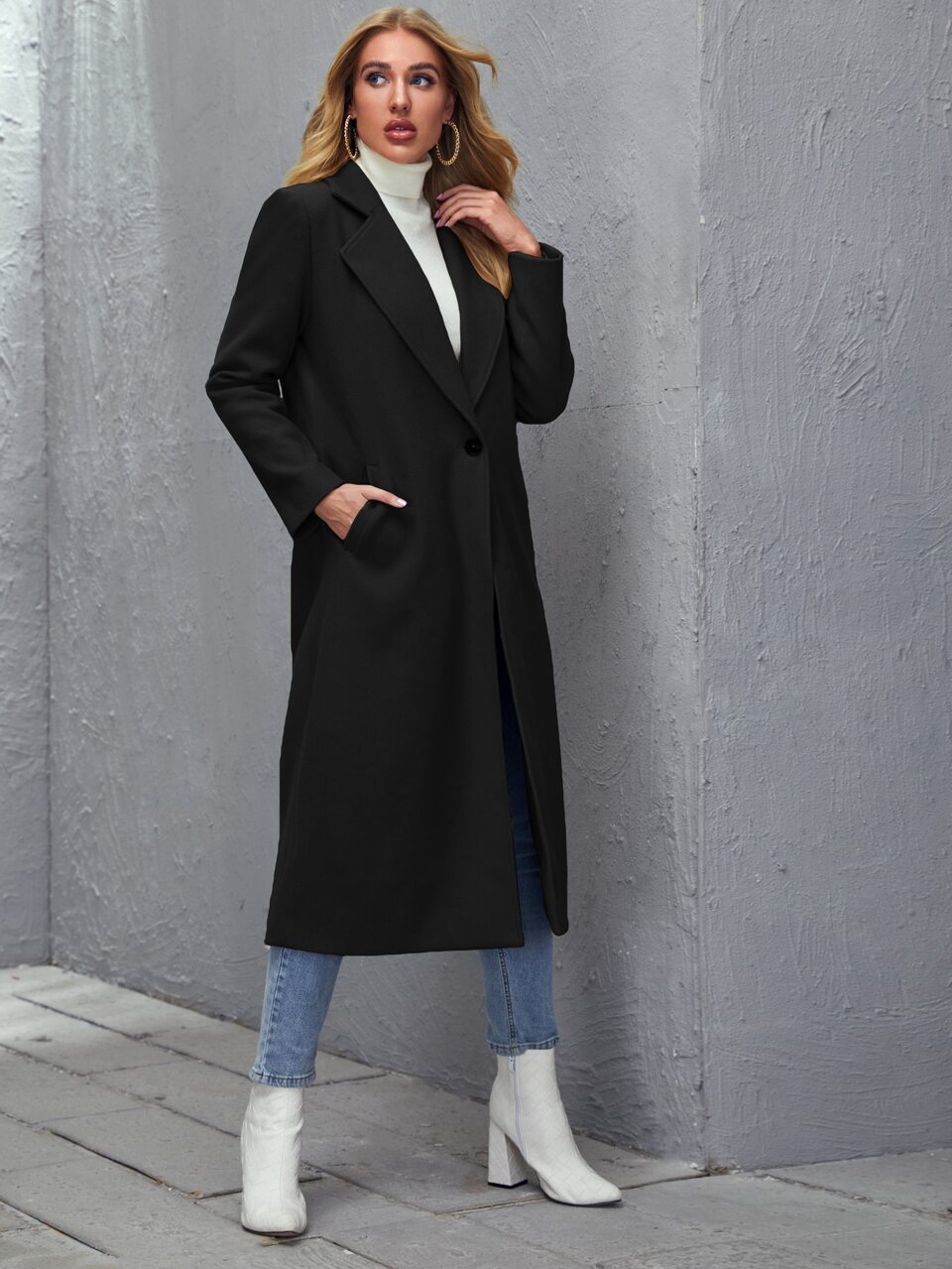 Notched Collar Single Button Overcoat In Fall/Winter