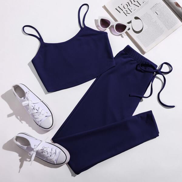 

Solid Crop Cami Top & Leggings Set, Navy blue