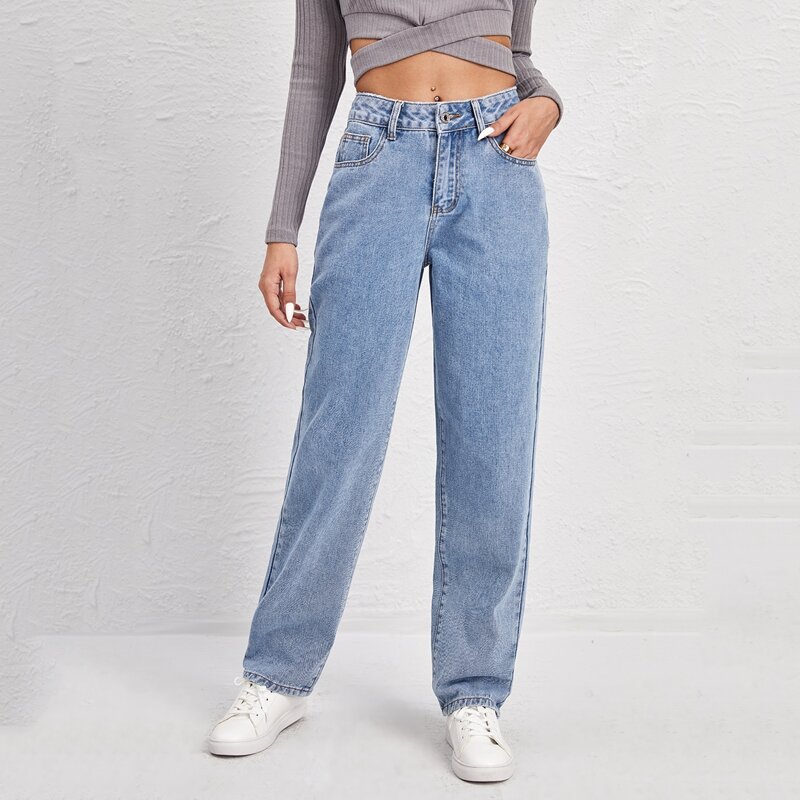 

Button Back Slant Pocket Straight Jeans, Light wash