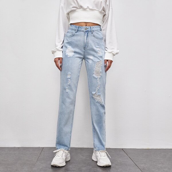 

Slant Pocket Ripped Straight Jeans, Light wash