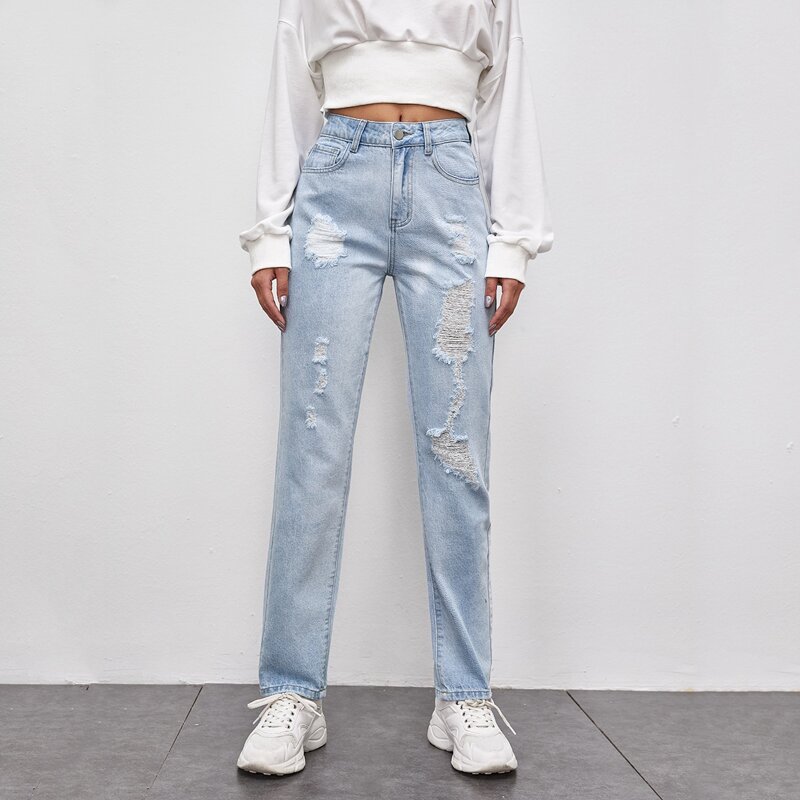 

Slant Pocket Ripped Straight Jeans, Light wash