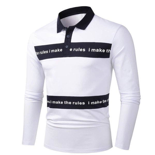 

Men Slogan Graphic Long Sleeve Polo Shirt, White