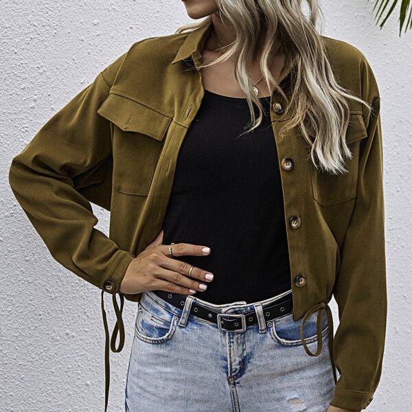 

Solid Drawstring Button Through Jacket, Army green