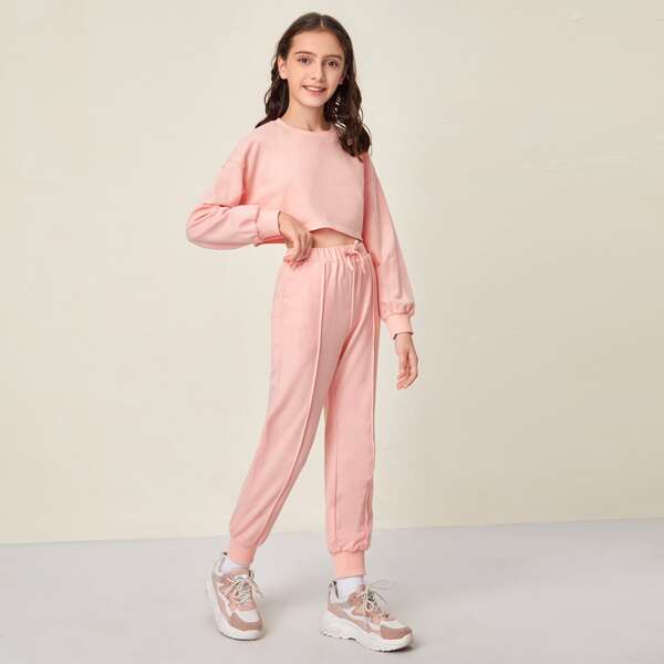 

Girls Drop Shoulder Pullover & Seam Front Sweatpants Set, Baby pink