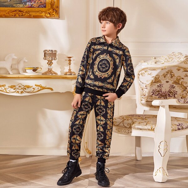

Boys Zip Half Placket Baroque Print Pullover & Sweatpants Set, Multicolor