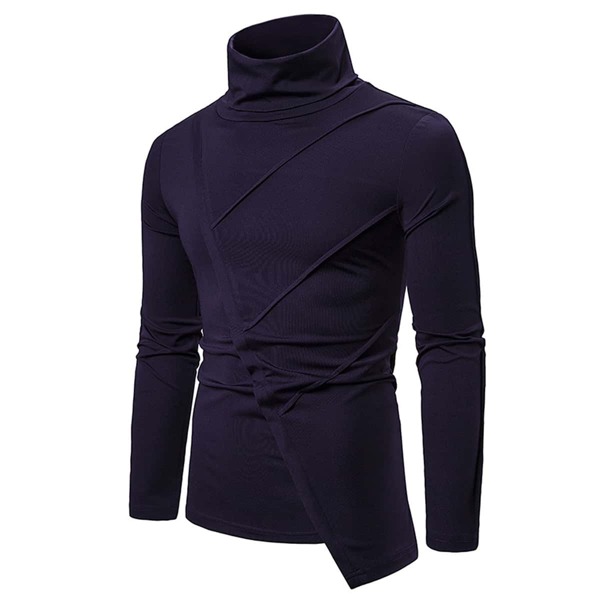 

Men Turtleneck Asymmetrical Hem Tee, Navy blue