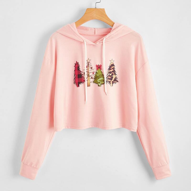 

Christmas Tree Graphic Drawstring Hoodie, Baby pink