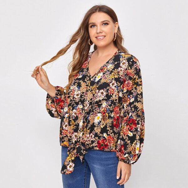 

Plus Floral Print Bishop Sleeve Tie Hem Blouse, Multicolor