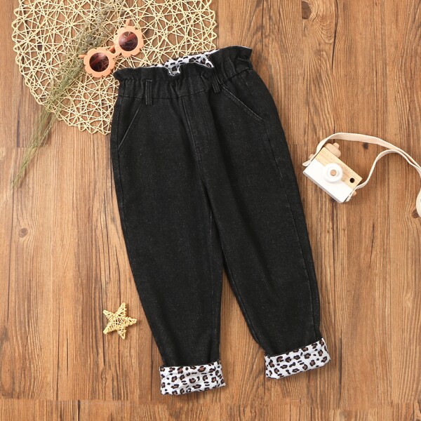 

Toddler Girls Leopard Lined Paperbag Waist Jeans, Black