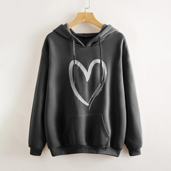 

Heart Print Kangaroo Pocket Drawstring Hoodie, Dark grey
