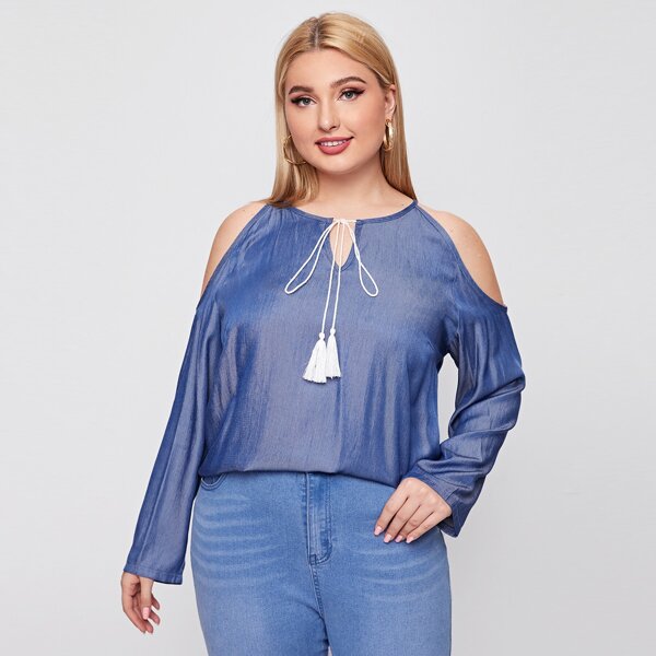 

Plus Tie Neck Cold Shoulder Denim Top, Medium wash