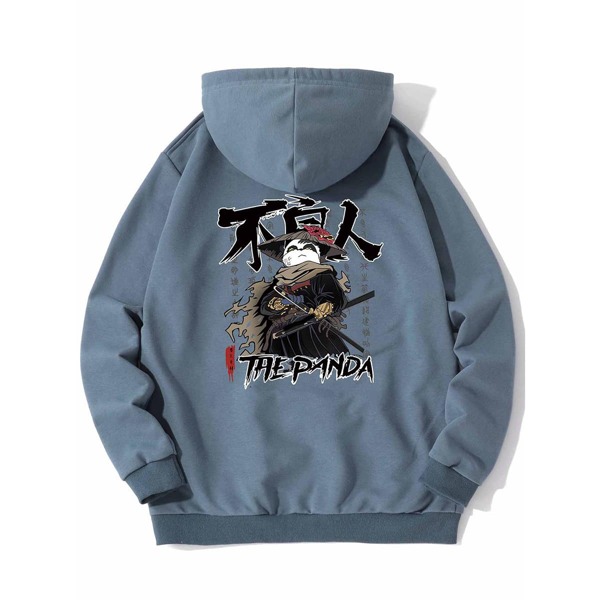 

Men Chinese Character And Panda Print Kangaroo Pocket Hoodie, Dusty blue