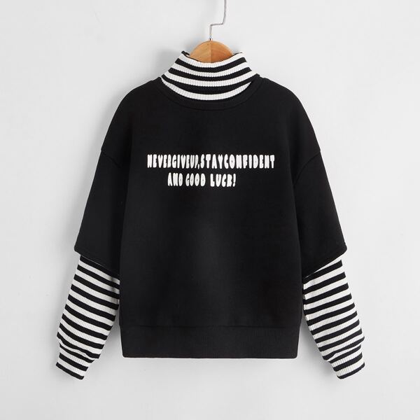 

Girls Turtle Neck Striped Trim Slogan Graphic Pullover, Black
