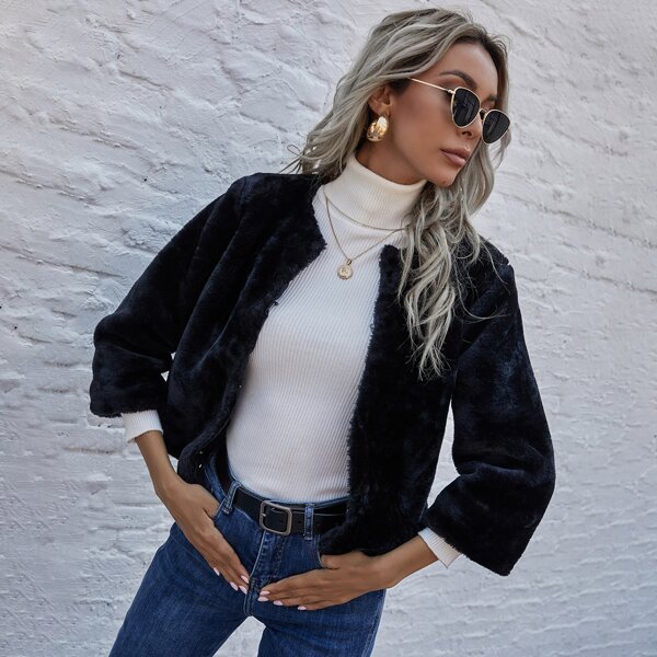 

Solid Round Neck Faux Fur Coat, Black