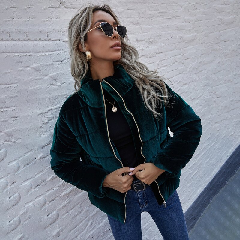 

Zip Up Velvet Puffer Jacket, Dark green