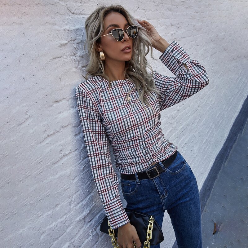 

Plaid Ruched Crew Neck Blouse, Multicolor