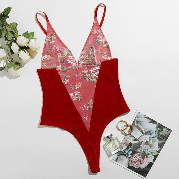 

Plus Velvet Floral Embroidered Mesh Teddy Bodysuit, Red
