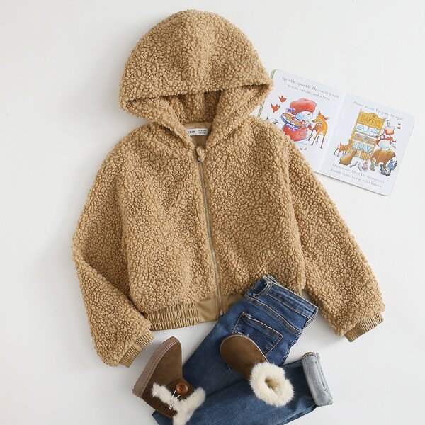 

Girls Zipper Front Teddy Jacket, Khaki