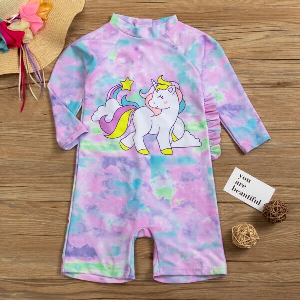 

Toddler Girls Tie Dye Unicorn Print One Piece Swimsuit, Multicolor