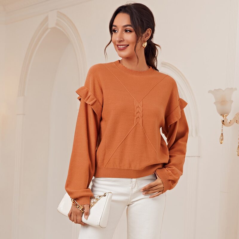 

Solid Drop Shoulder Ruffle Trim Sweater, Burnt orange