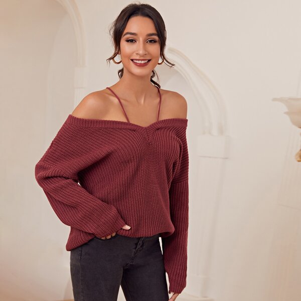 

Ribbed knit Off The Shoulder Sweater, Burgundy