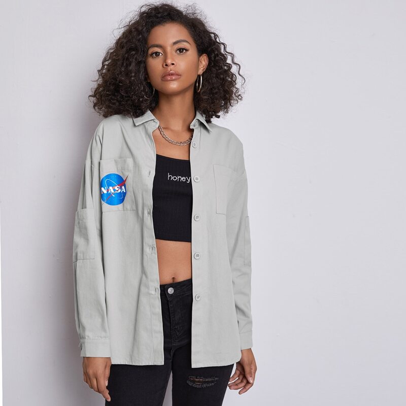 

Letter Graphic Button Front Shacket, Grey