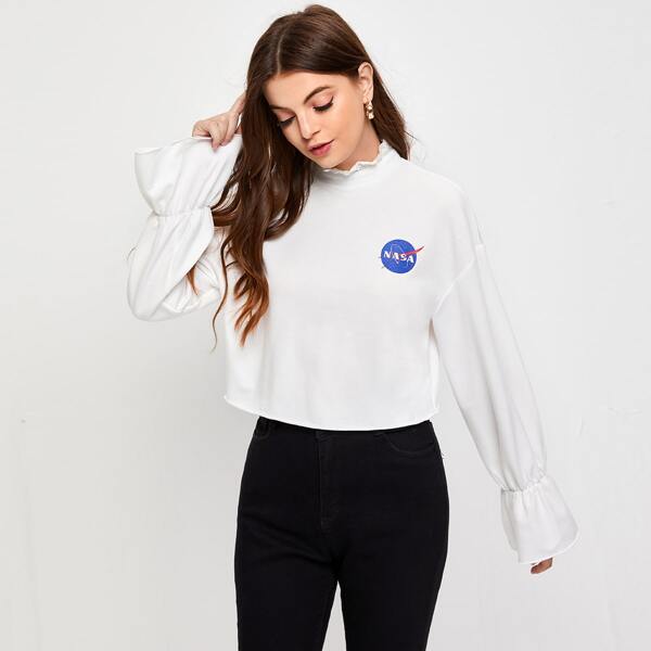 

Ruffle Neck Letter Graphic Flounce Sleeve Sweatshirt, White