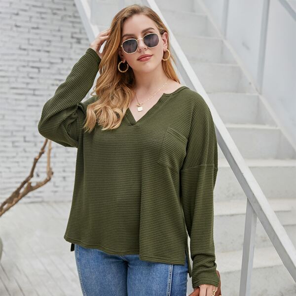 

Plus Waffle Knit High Low Hem Drop Shoulder Tee, Army green