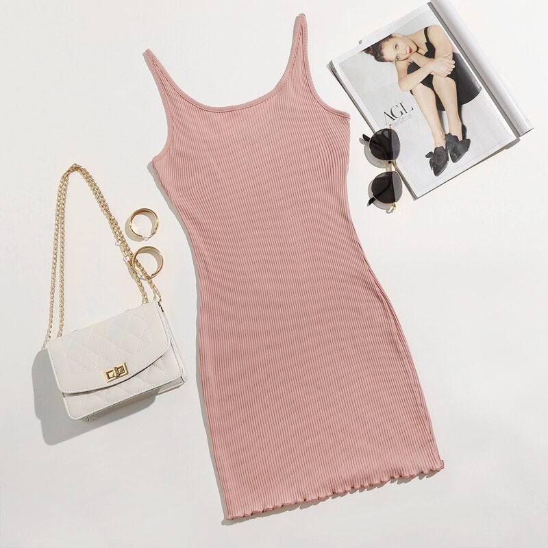 

Solid Ribbed Lettuce Trim Dress, Dusty pink