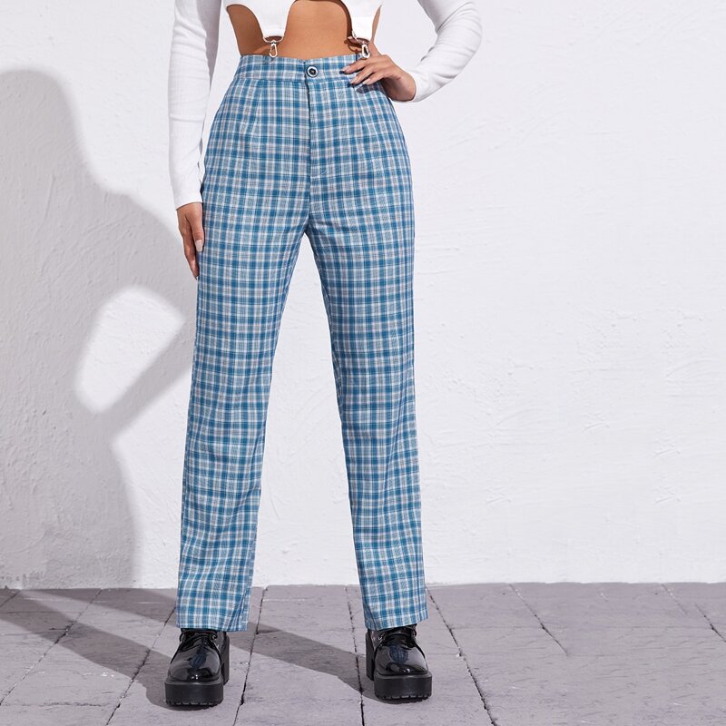 

Button Waist Tartan Straight Pants, Blue
