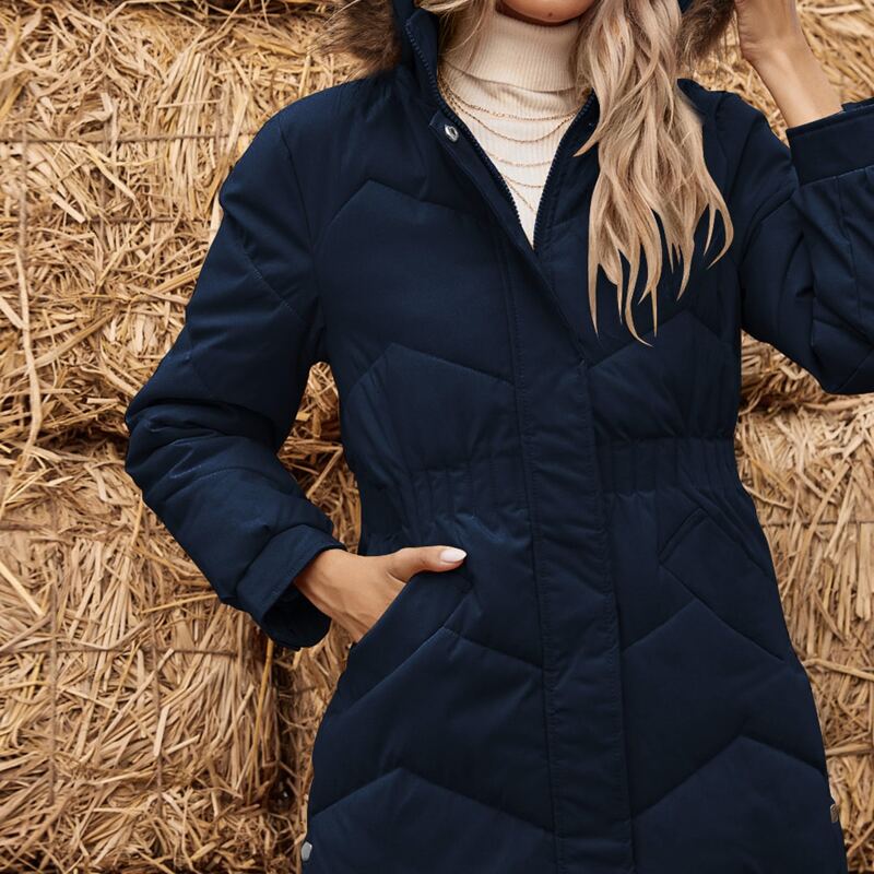 

Contrast Faux Fur Zip-up Hooded Puffer Coat, Navy blue