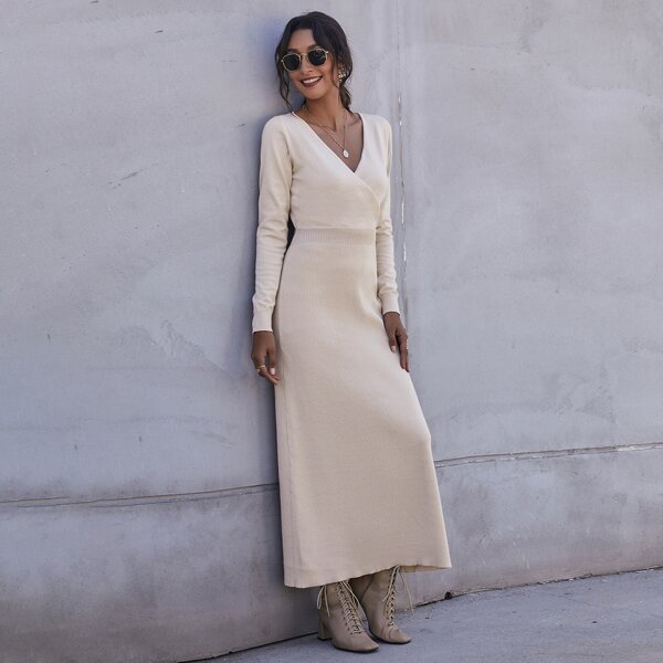 

Surplice Front Ribbed Neck Maxi Sweater Dress, Beige