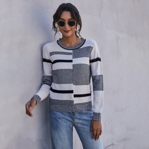

Wave Stripe Ribbed Knit Sweater, Black and white