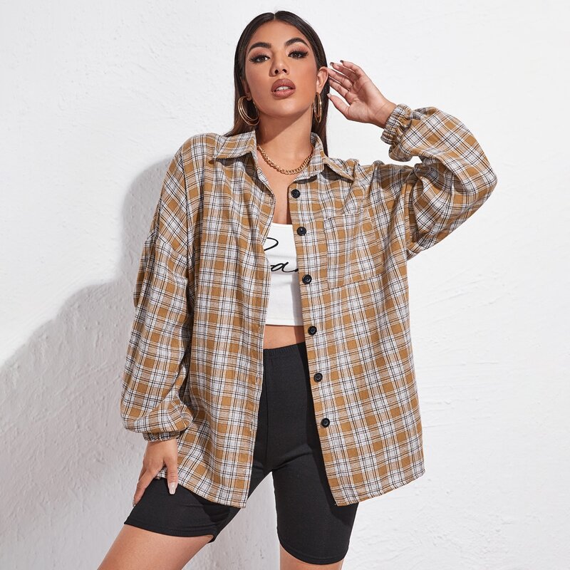 

Drop Shoulder Button Front Tartan Oversized Blouse, Multicolor